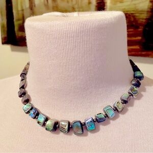 Vintage Natural Hand Carved Abalone and Hematite Necklace Vtg